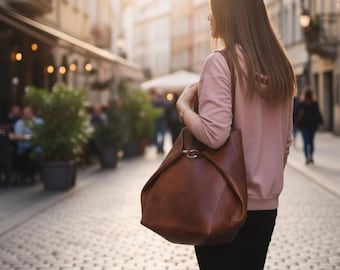 Peut inclure: Un sac fourre-tout en cuir marron avec une fermeture à anneau en métal argenté. Le sac est porté à l'épaule. La personne porte un sweat à capuche rose et un pantalon noir. En arrière-plan, une rue pavée.