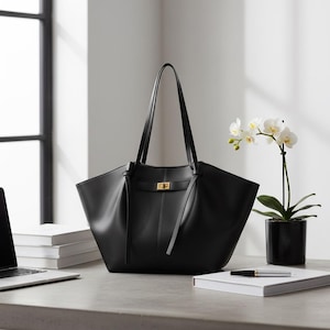 Puede incluir: Un bolso tote de cuero negro con asas largas y un cierre dorado. El bolso est&aacute; sobre un escritorio junto a un port&aacute;til, libros y una orqu&iacute;dea en maceta. El bolso tiene un dise&ntilde;o estructurado.