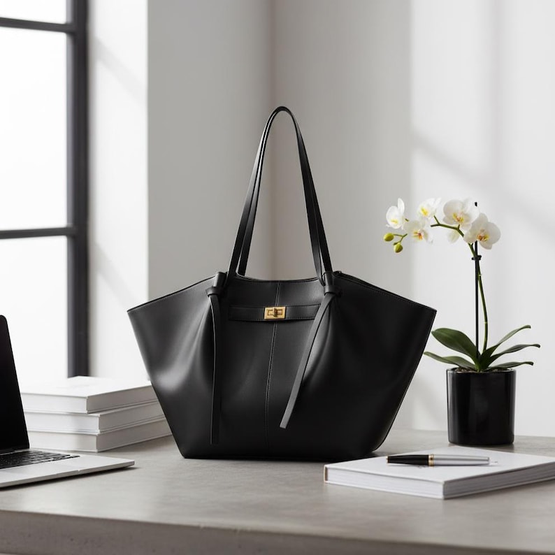 Puede incluir: Un bolso tote de cuero negro con asas largas y un cierre dorado. El bolso est&aacute; sobre un escritorio junto a un port&aacute;til, libros y una orqu&iacute;dea en maceta. El bolso tiene un dise&ntilde;o estructurado.