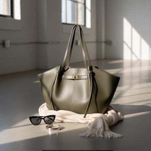Puede incluir: Bolso tote de cuero verde oliva con asas largas y cierre dorado. El bolso descansa sobre una bufanda crema, con gafas de sol negras y una pulsera plateada. Un accesorio de moda.