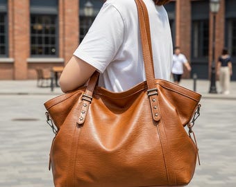 Bolso tote de piel suave, bolso de piel marrón para ir al trabajo, bolso para el día a día, regalo para ella.
