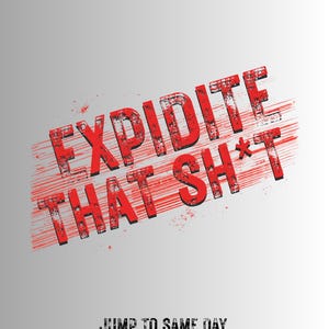 Peut inclure: Un design graphique présentant le texte rouge EXPIDITE THAT SH*T dans une police inclinée et usée avec des lignes de mouvement horizontales. En dessous, le texte noir JUMP TO SAME DAY est centré sur un fond dégradé gris clair.