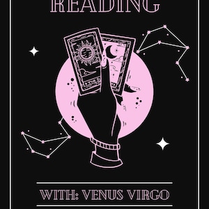 May include: Black graphic with the words "LOVE TAROT READING" and "WITH: VENUS VIRGO". The image features a pink hand holding two tarot cards in front of a pink moon. Constellations and stars are also present.