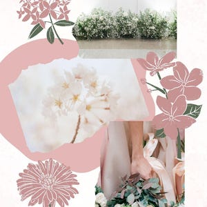 May include: A collage featuring floral illustrations and a photograph of a bouquet. The text "Glamour Attraction spell" is at the top. The color palette includes pink, white, and green, evoking a romantic theme.