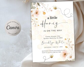 May include: A white baby shower invitation with floral and bee illustrations. The text reads "a little Honey is on the way" with event details. The Canva logo is in the upper left corner.