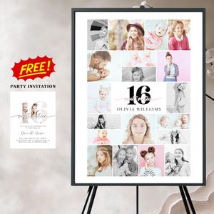 Minimalist Sweet 16 Birthday Photo Sign Template + FREE Party Invitation| 16th Birthday Poster | Photo Frame | Sweet 16 Photo Collage