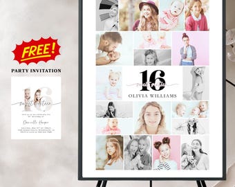 Sweet 16 Photo Collage Sign Template + FREE Invitation (Digital Download)