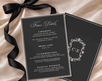Szablon karty ze szczegółami ślubu w Montclair, karta ze szczegółami Canva, karta z informacjami o starych pieniądzach, wkładka ślubna w stylu black tie, luksusowa papeteria ślubna