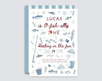 Fishing First Birthday Invitation: O-Fish-Ally One, Editable Canva Template (Digital Download)