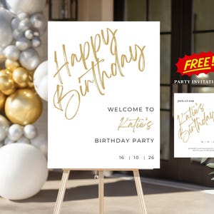 Happy Birthday Welcome Sign Template with FREE Invitation | Minimalist White Gold | Instant Download | Edit FREE in Canva | 10 Sizes