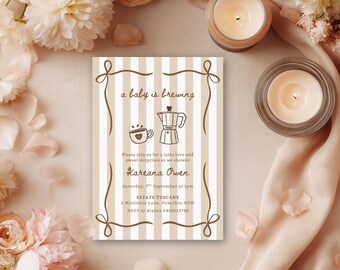 Szablon zaproszenia na baby shower „Baby is Brewing”: edytowalne zaproszenie Canva (5x7 cali, do pobrania w wersji cyfrowej)