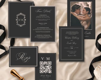 Zestaw zaproszeń ślubnych Montclair, zestaw ślubny Canva, papeteria ślubna Old Money, zestaw zaproszeń w stylu black tie, luksusowe szablony ślubne