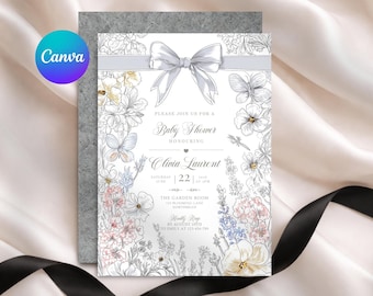 Szablon zaproszenia na baby shower z szarą kokardką i kwiatowym wzorem, edytowalne zaproszenie na baby shower z Canva, kwiatowe zaproszenie na baby shower, zaproszenie na baby shower w ogrodzie