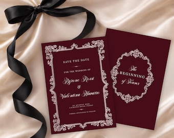 Szablon barokowy Save the Date, edytowalna karta Save the Date z Canva, luksusowy szablon Save the Date na ślub, szablon na ślub z dawnych pieniędzy