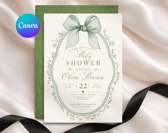 Szablon zaproszenia na baby shower, Edytowalne zaproszenie na baby shower z Canva, Baby shower z zieloną wstążką,