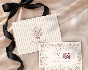 Szablon karty RSVP z motywem dzikich kwiatów, kwiatowa karta ślubna, wkładka ślubna z kodem QR, papeteria ślubna z dawnych pieniędzy, luksusowy ślub