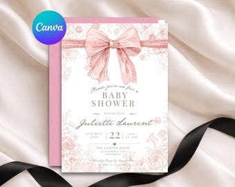 Szablon zaproszenia na baby shower z motywem kwiatowym, edytowalne zaproszenie na baby shower z Canva, baby shower z różową wstążką
