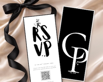 Szablon karty RSVP z kolekcji Love, Illustrationd | Nowoczesna karta ślubna | Edytowalna wkładka Canva | Karta z odpowiedzią na ślub z kodem QR