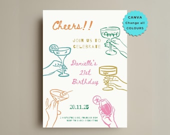 Zaproszenie urodzinowe „Cheers”: Fantazyjny, ręcznie rysowany wzór (edytowalny szablon Canva)