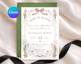 Szablon zaproszenia na baby shower z motywem kwiatowym „Baby in Bloom”, edytowalne zaproszenie na baby shower z Canva, różowa wstążka na baby shower