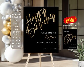 Plantilla de cartel de bienvenida de cumpleaños en negro y dorado: Invitación editable (Canva, descarga instantánea, 10 tamaños)