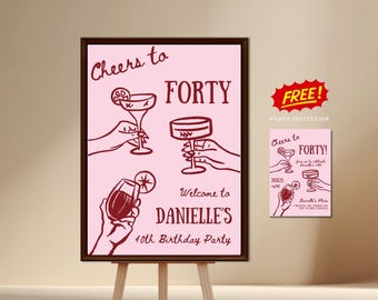 Bewerkbaar bord voor 40e verjaardagsfeestje: grillig handgetekende ontwerp (digitale download)