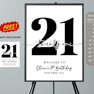 21st Birthday Welcome Sign Template + FREE Invitation, Minimalist Printable Poster, Instant Download Birthday Decoration, 21st Party Sign