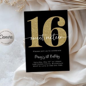 16.Geburtstag Gold Glitter Einladungsvorlage mit KOSTENLOSER Einladung, Minimalistische schwarz und goldene Glittereinladung, Sweet 16 Dekoration