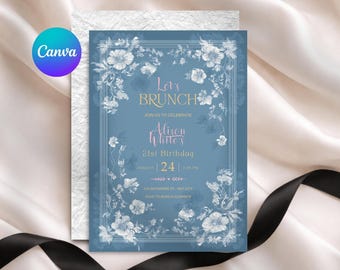 Birthday Brunch Invitation Template, Floral Brunch Invitation, Blue Floral Birthday Invitation, Elegant Birthday Brunch