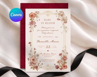 Szablon zaproszenia na baby shower „Baby in Bloom”, edytowalne zaproszenie na baby shower z Canva, kwiatowe zaproszenie na baby shower, zaproszenie na baby shower w ogrodzie
