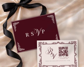 Szablon karty RSVP w stylu barokowym, edytowalna karta ślubna Canva, wkładka ślubna RSVP z kodem QR, papeteria ślubna z dawnych pieniędzy, luksusowy ślub