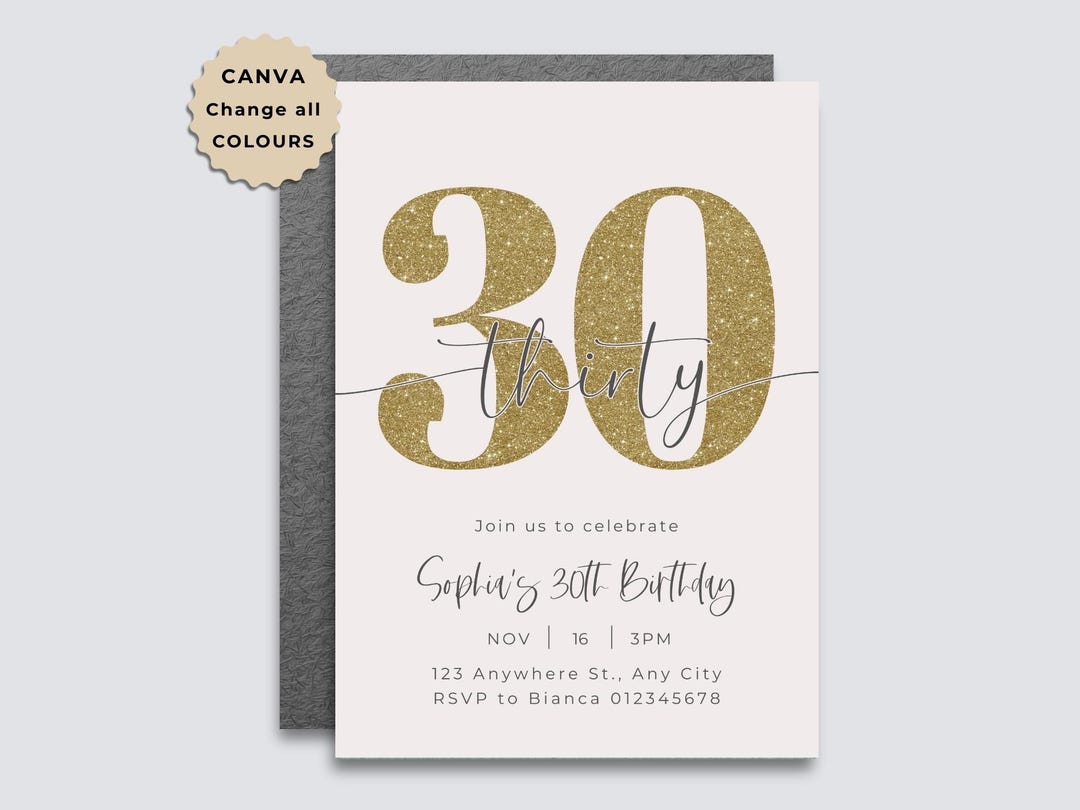 30th Birthday Invitation Template: Pink & Gold Glitter Design (canva ...
