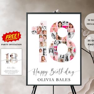 Minimalist 18th Birthday Photo Sign Template + FREE Party Invitation| 18th Birthday Poster | Photo Frame | Eighteen Photo Collage