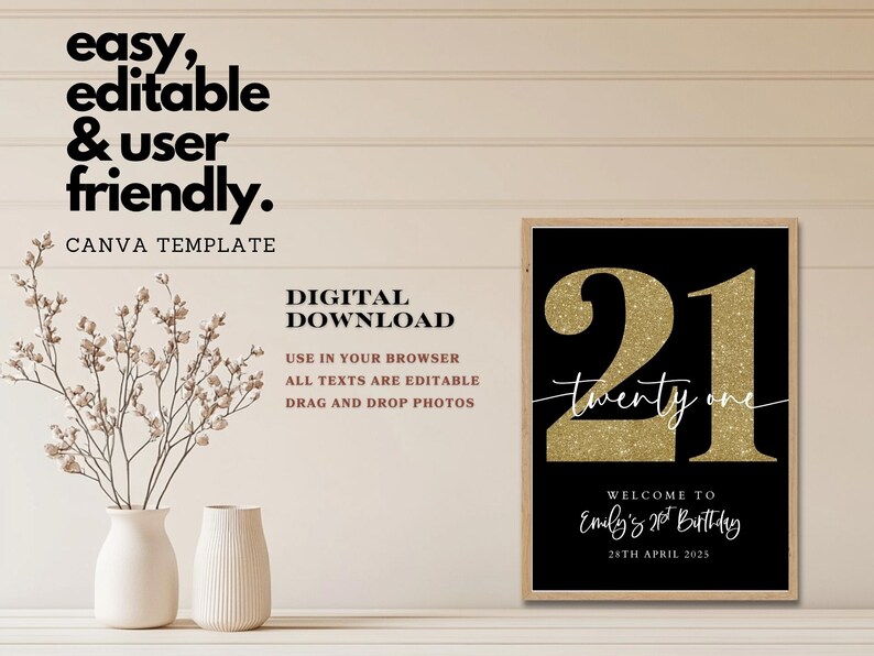 21st Birthday Welcome Sign: Black & Gold Glitter, FREE Invitation ...