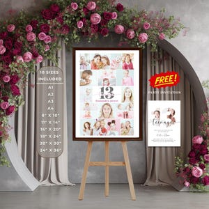 Minimalist 13 Birthday Photo Collage Sign Template + FREE Party Invitation| 13th Birthday Poster | Photo Frame | Teenager Photo Collage