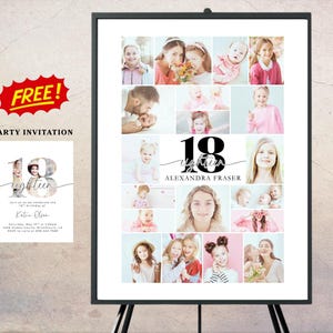 Minimalist 18th Birthday Photo Sign Template + FREE Party Invitation| 18th Birthday Poster | Photo Frame | Eighteen Photo Collage