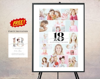18th Birthday Photo Collage Sign Template + FREE Invitation (Digital Download)