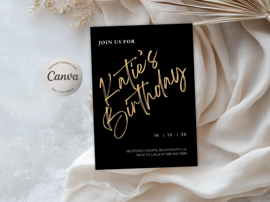 Minimalist Black and Gold Birthday Invitation Template: Canva Editable ...