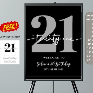 21st Birthday Welcome Sign Template + FREE Invitation, Minimalist Printable Poster, Instant Download Birthday Decoration, Black Party Sign
