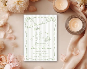 Hand-Drawn Green Brunch Baby Shower Invitation | Gender Neutral | Editable Canva Template | Instant Download BS101