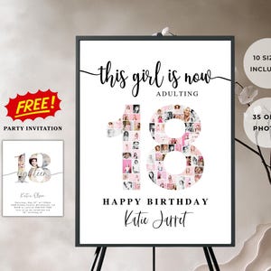 Minimalist 18th Birthday Photo Sign Template + FREE Party Invitation| 18th Birthday Poster | Photo Frame | Eighteen Photo Collage