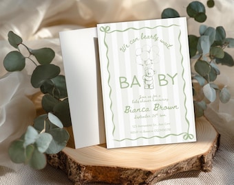 Szablon zaproszenia na baby shower z misiem: neutralny pod względem płci (pobranie cyfrowe)