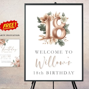 Letrero de bienvenida para fiesta de cumpleaños con té + invitación GRATIS / Plantilla de póster editable / Letrero imprimible para fiesta de cumpleaños / Fiesta de 18 años