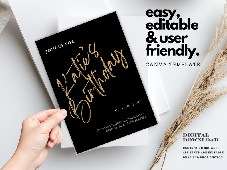 Minimalist Black and Gold Birthday Invitation Template: Canva Editable ...