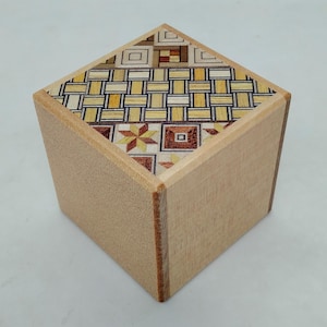 7 steps Yosegi/Natural wood 2 sun cube (2.2inch/5.5cm) Japanese Puzzle box (Himitsu-bako) by Hiroyuki Oka
