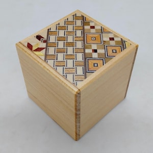 12 steps Yosegi/Natural wood 2 sun cube (2.2inch/5.5cm) Japanese Puzzle box (Himitsu-bako) by Hiroyuki Oka