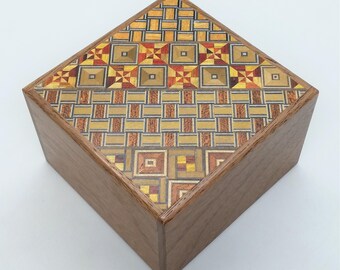 Square 14 steps Yosegi/Walnut wood (3.0inch/78mm) Japanese Puzzle box (Himitsu bako) by Hiroyuki Oka