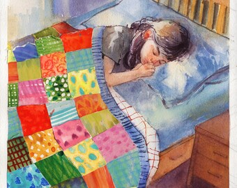 Original Watercolor Collage Painting, Sleeping Child, Patchwork Quilt Art