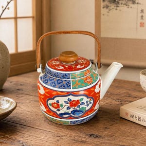 Vintage Takahashi Japan Imari Teapot Wooden Handle Mid Century Japanese Decor Floral Pattern Teapot