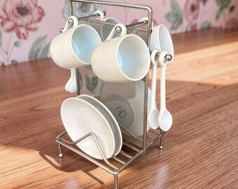 Vintage Himark Espresso Demitasse Set 4 Cups Saucers Spoons Metal Rack White